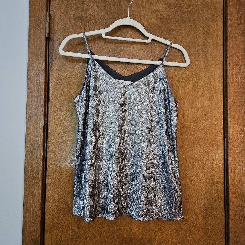 LOFT Petite Metallic Silver Shimmer Spaghetti Strap Tank Top